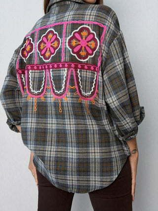 Camicia check ricami Faenza Grigio-Blu