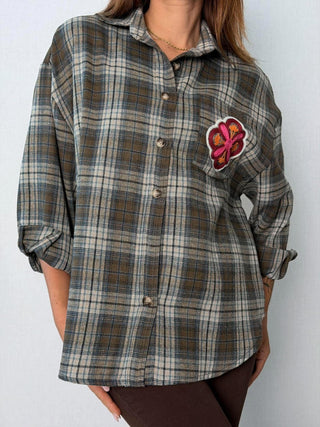 Camicia check ricami Faenza Grigio-Blu