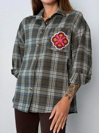 Camicia check ricami Faenza Grigio-Blu
