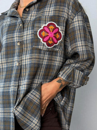 Camicia check ricami Faenza Grigio-Blu
