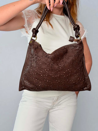 Camelia laser-cut leather bag