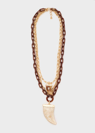 MULTI-STRAND NECKLACE WITH OVERSIZED BROWN HORN