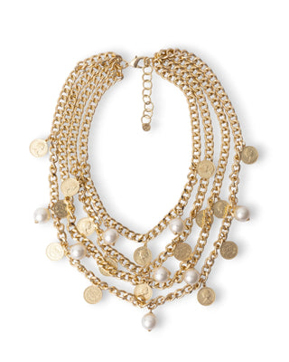 Collana girocollo multi catene con perle e medagliette