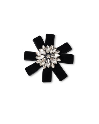 Spilla in metallo con design a fiore in velluto nero e pietre