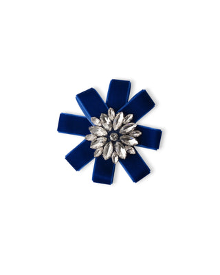 Spilla in metallo con design a fiore in velluto blu e pietre