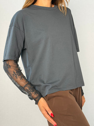 T-shirt manica pizzo piombo - Susy Mix