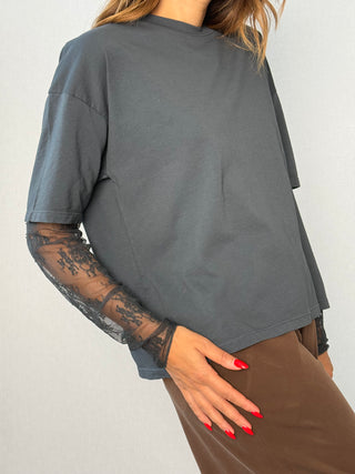 T-shirt manica pizzo piombo - Susy Mix