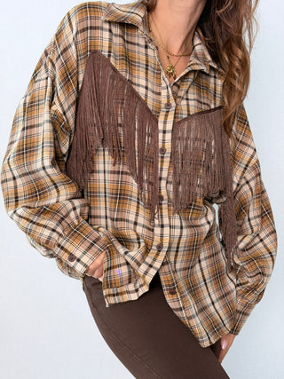 Camicia check frange marrone